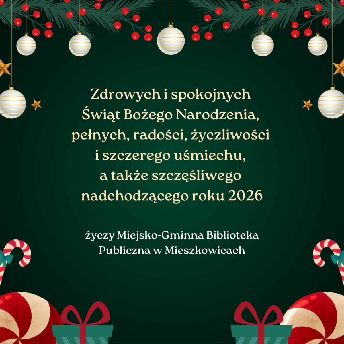 Kartka z życzeniami świątecznymi - tekst na tle dekoracji bożonarodzeniowych.