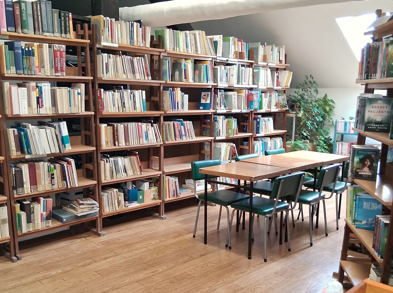 Zdjęcie przedstawiające regały z książkami i stolik dla czytelników.