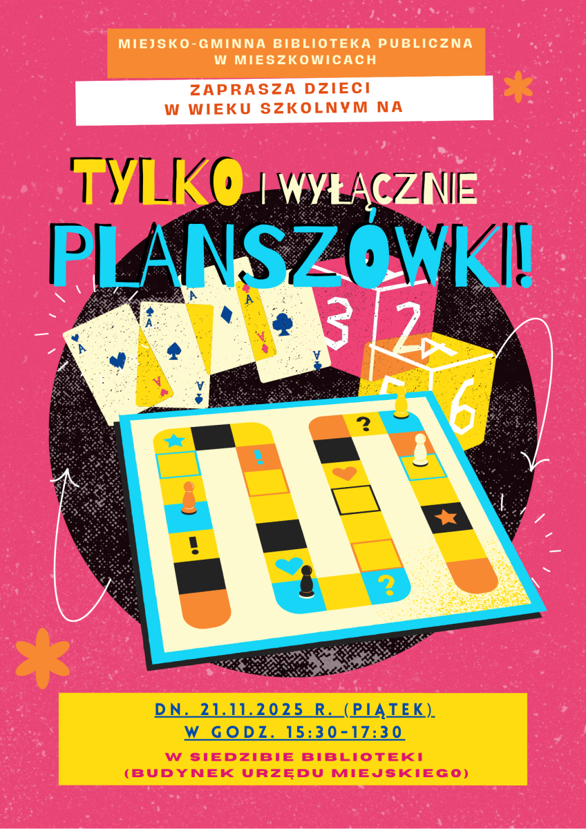 Plakat zapraszający dzieci na wydarzenie do biblioteki - gry planszowe.