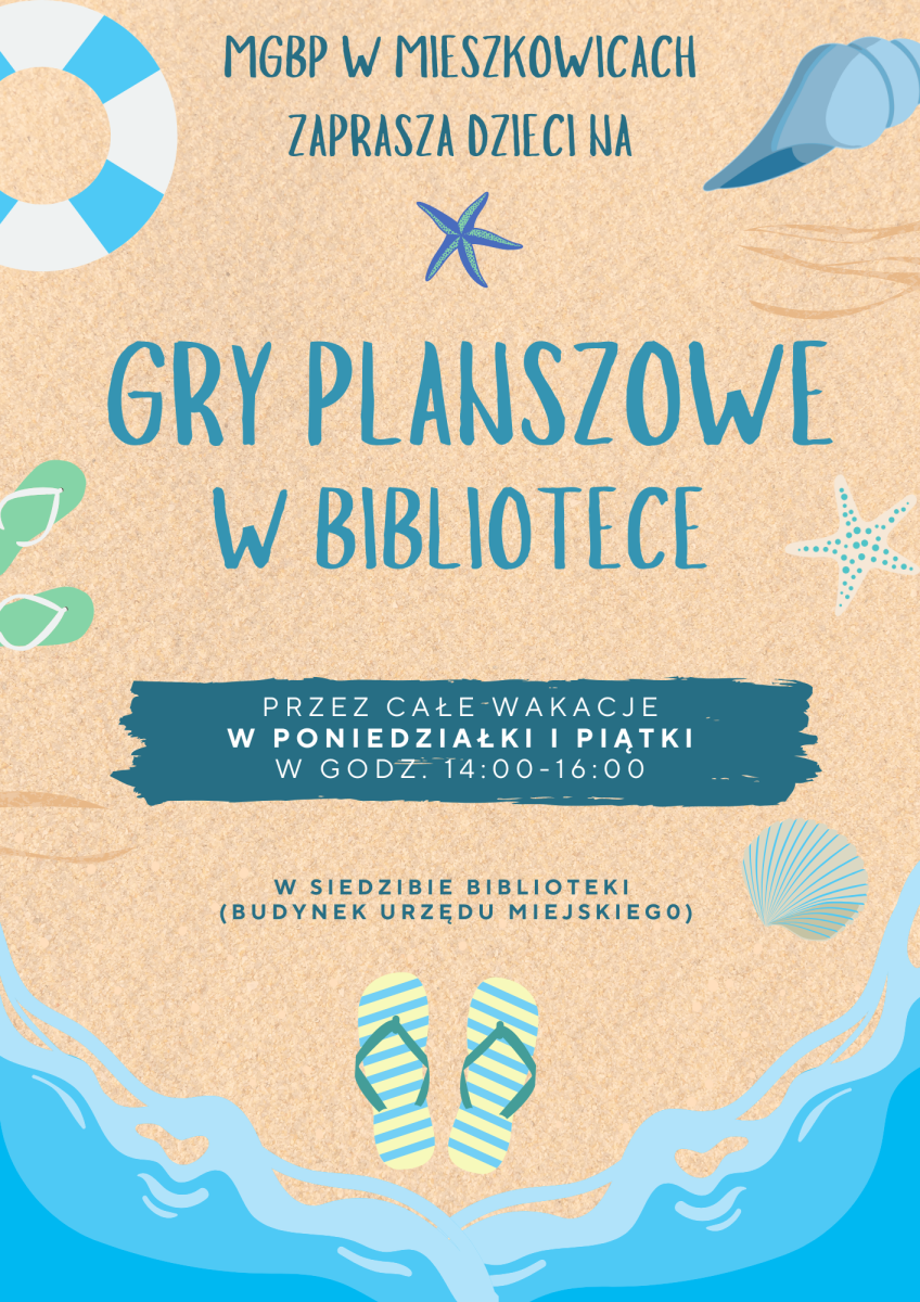 Plakat przedstawiający rysunek plaży i zaproszenie na spotkania planszówkowe dla dzieci.