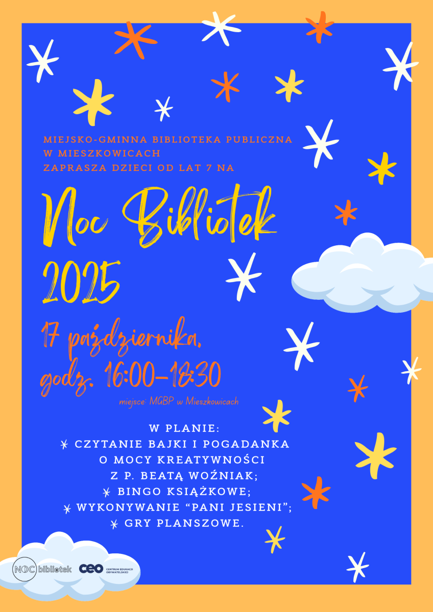 Plakat z gwiazdkami zapraszający na wydarzenie dla dzieci w bibliotece.